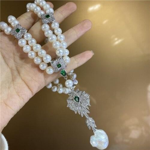 2rows freshwater pearl white near round 8-9mm beads necklace 17-18" FPPJ