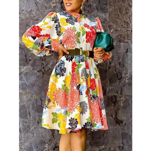 Women Printed Dress Long Lantern Sleeves A Line Pleated Floral Vintage Female Knee Length Spring Summer African Fashion Vestidos