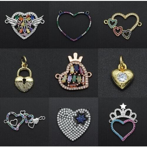 2020 Diy Double Heart CZ Charms Wholesale Lock Key Necklace Pendant Zircon Angel Wings Connector For Jewelry Crown Making