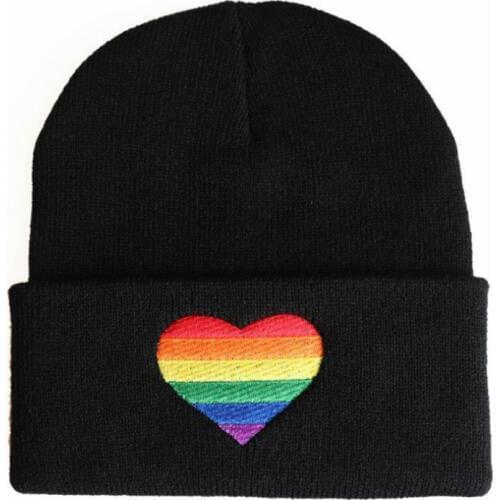 Embroidery Colorful Love Shape Winter Hat Outdoor Earflap Rainbow Heart Knitted Skullies Beanie Streetwear Hip Hop Warm Ski Cap