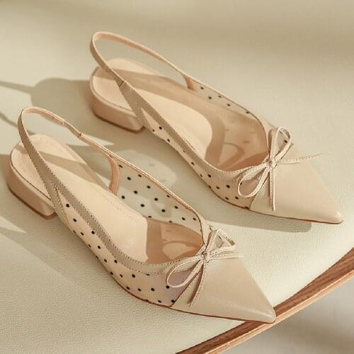 Womens genuine leather Polka Dot Mesh patchwork slingback slip-on flats pointed toe summer breathable sandals casual shoes sale