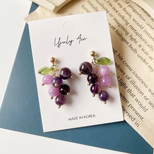 Korean Style Purple Crystal beads Grape Earrings Sweet Fruit Grapes Clip on Earrings Without Piercing Ears Hole for Women Girls