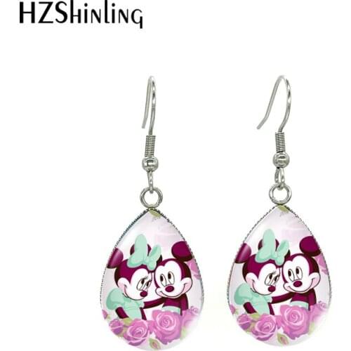 Disney Mickey Mouse and Minnie Cartoon Pattern Water Drop Glass Cabochon Dangle Hook Earrings Fashion Jewelry