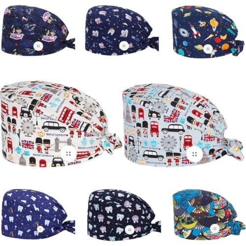 Women Surgicals Caps 100% Cotton Adjustable Anime Printing Nursing Hats Dentist Clinic Pet Shop Beauty Salon Working Scrub Caps