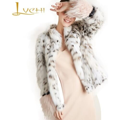 LVCHI Winter 2019 Milan Pure White Bobcats Fur Coats Womens Pink Sleeve Wild Bobcats Slim Short Mandarin Collar Bobcats Coats