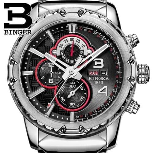 New Switzerland Mens Watch Luxury Brand Clock BINGER Quartz Men Watches Multi-functional Military Stop Watch Glowwatch B6011-1