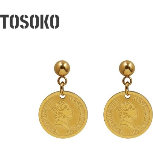 TOSOKO Stainless Steel Jewelry Gold Coin Earrings Queens Head Picture Earrings Womens Fashion Earrings BSF117
