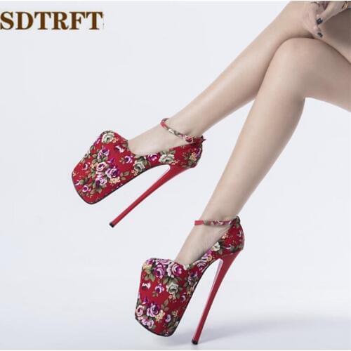 SDTRFT Pumps Ladies Platform woman 22cm Thin high heels zapatos mujer Ankle Strap Stiletto Crossdresser Round Toe Dance shoes