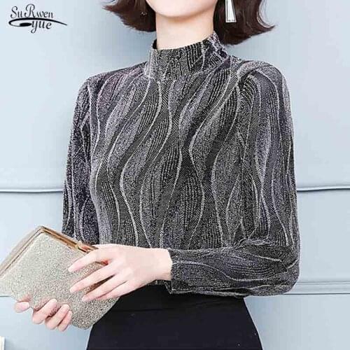 Vintage Autumn Winter 2021 New Glitter Long Sleeve T-shirt Half High Collar Blouse Women Elegant Sexy Splicing Tops Blusas 16726