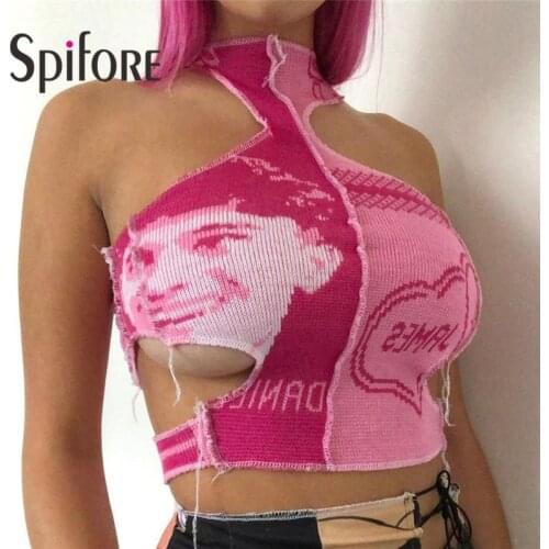 Spifore Tie Dye Rib Tank Top Women Y2K Summer Portrait Off Shoulder Crop Tops Sleeveless Graphic Print Sexy Ladies Clothes