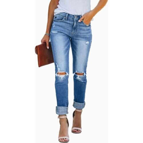 Women’s Korean Slim Fit Jeans Personality Washed Color Ripped Holes Denim Stretch High-waist Pencil Denim Pants Trousers