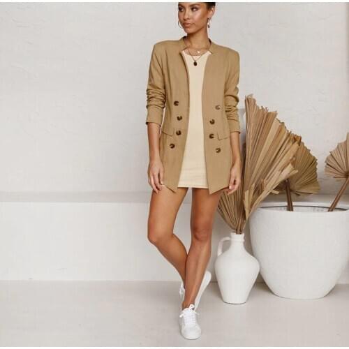 Women Blazers Autumn Long-Sleeved Double Breasted Suit Mid-Length Solid Color Linen Tops Woman Clothes Slim Coat Streetwear