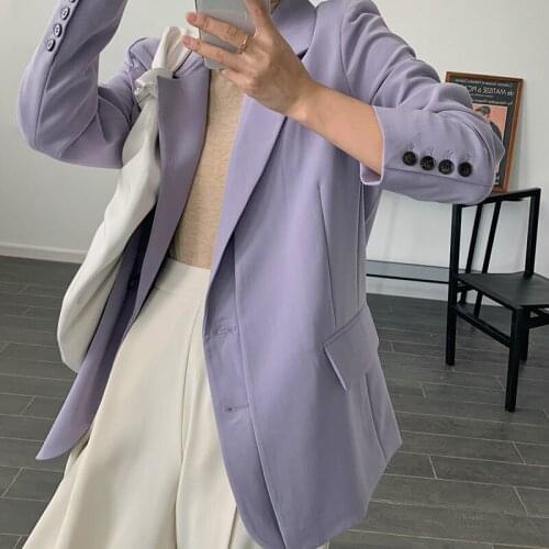 Korean Women Purple Blazers Loose Casual Single-breasted Notched Collar Long Sleeve Office Lady Suit Jacket Spring Autumn 2021