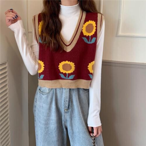 Sweet Flower Printed Knitted Vest Womens New Autumn Winter 2021 Outerwear Tops For Women
