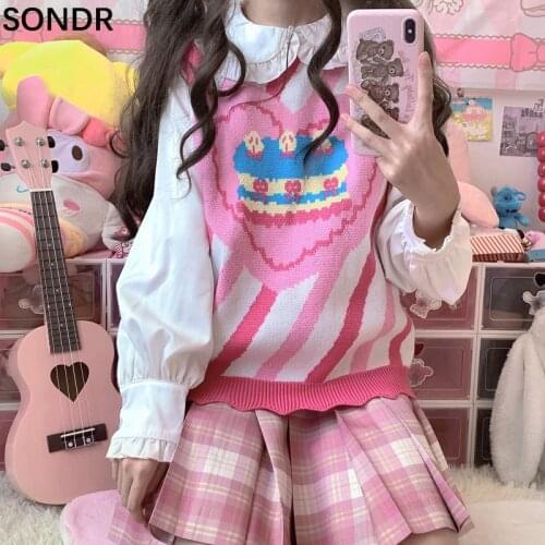 Kawaii Girl Love Sweater Vest Women 2021 Autumn Japanese Sweet Cute Soft Sister Knitting All-Match Coat Female Striped Sweaters