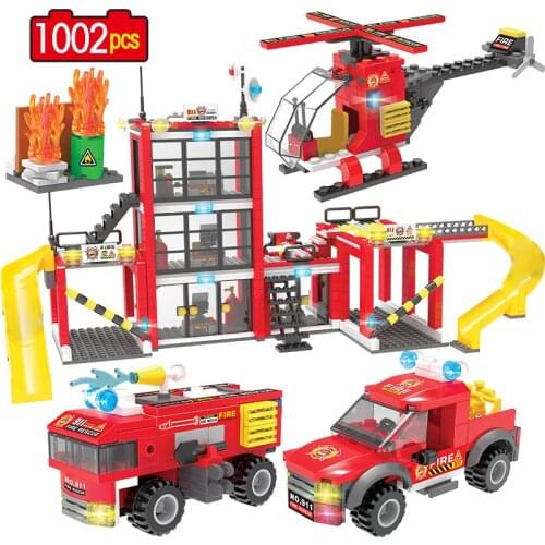 1002PCS City Fire Brigade Building Blocks Police Fire Station Truck Car Figures Bricks Toys for Kids Boys City Police