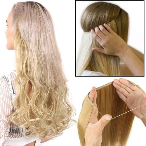 24” Curly Secret Wire Fish Line Hairpiece For Women,Invisible Wire No Clip In Halo Hair Extension Extensiones de cabello natural