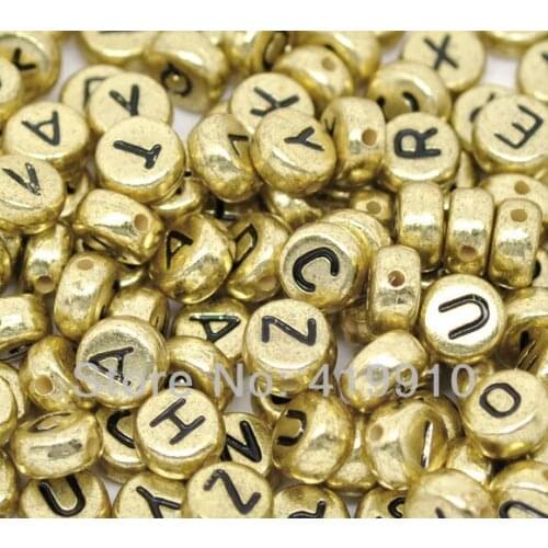 Free shipping-500 Gold Tone Mixed Flat Round Acrylic Alphabet /Letter "A-Z" Acrylic Cube Beads 7mm,M00942