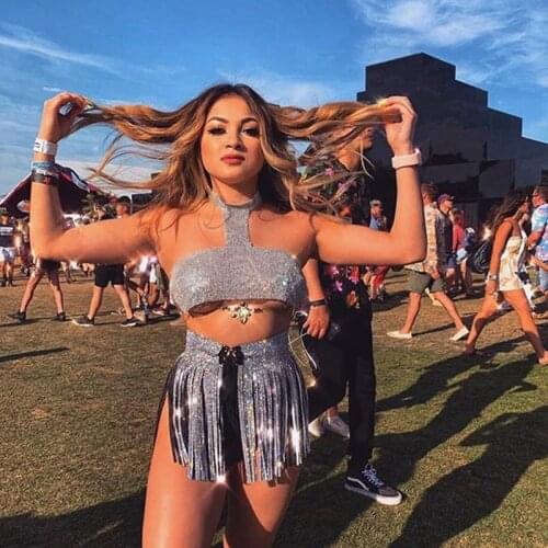 Shining Rhine diamond Silver Gold Halter Crop Top Women Sexy Low Cut Backless Tank Tops Night Club Party Tank Tops