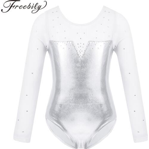 Sparkle Girls Tulle Long Sleeve Gymnastics Leotard Bodysuit Rhinestone Metallic Ballet Leotard Kids Practice Stage Dance Costume
