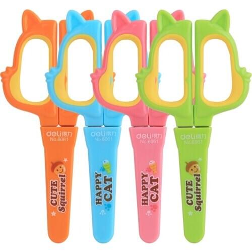 Deli 6061 cute cartoon animal shaped childrens scissors student with protective cover for school office