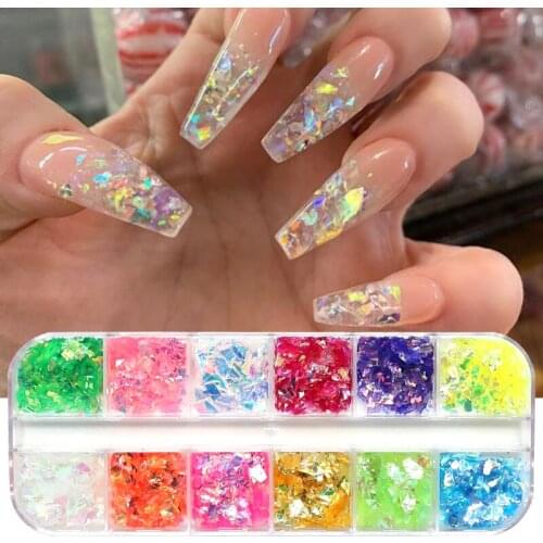 12Grids/Box 3D Flakes Fluorescent Nail Sequins Sparkly Paillette Nail Art Chunky Glitter Decorations DIY Manicure Accessories