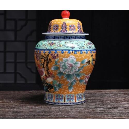 Ceramic Painted Flower and Bird Tea Caddy Color General Jar Household Food Coffee Bean Storage Jar Flower Arrangement Decoration