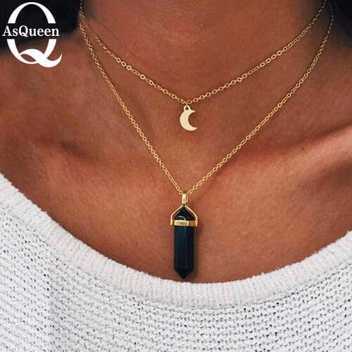 Natural Opal Stone Moon Choker Necklace Fashion Gold Stone Crystal Pendant Necklace For Women heart
