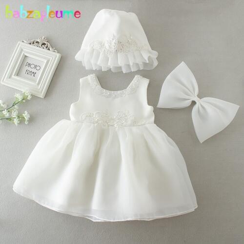 Babzapleume Newborn Set Baby Girls White Christening Baptism Princess Dress+Hat 1st Birthday Outfits Wedding Dresses BC1682-1