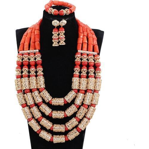 Dubai African Party Costume Jewellery Set Luxury 4 Layers Full Coral Beads Necklace Set Real Coral Beaded Wedding Jewelry ABH747