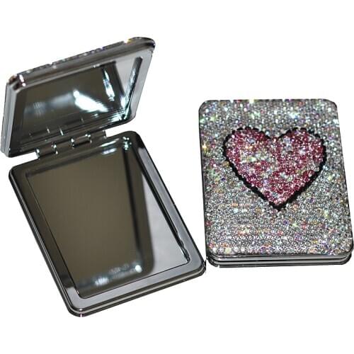 Creative Portable Handheld Mirror Bling Rhinestone Heart Foldable Handmade Decorative Pocket Mini Round Mirror Vanity Decor