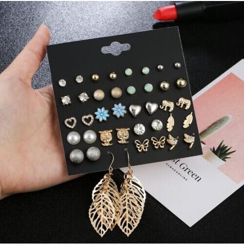 OATHYAN 20 Pairs/Set Punk Brincos Mixed Stud Earrings Sets For Women Crystal Ear Studs Fashion Simulated Pearl Jewelry Wholesale
