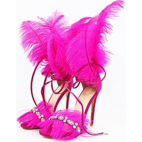 Sexy Woman Purple Red Blue White Yellow Black Grey Feather Bling Crystal Diamond Summer Sandal Stiletto Heels Lace Up Sandals