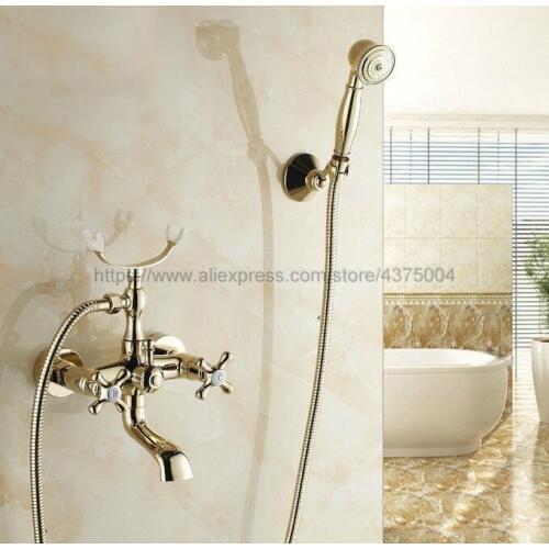 Luxury Gold Color Brass Wall Mounted Bathroom Shower Faucet Telephone Bath Faucets with Hand Shower Tap Ntf133