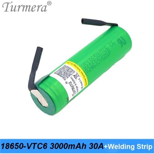 Turmera 18650 VTC6 3000mAh Battery 30A Soldering Nickel for Screwdriver Electric Drill Battery 12V 16.8V 18V 25V and E-bike Use