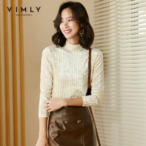 Vimly Womens Tshirts Autumn Winter Half Turtleneck Solid Long Sleeve Slim Vintage Clothes Female Pullovers Tops F3099