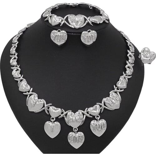 Yulaili Silver Color Heart Shape Charm I Love you Pendant Necklace Stud Earrings Bracelet Ring for Women Jewelry Sets Gifts