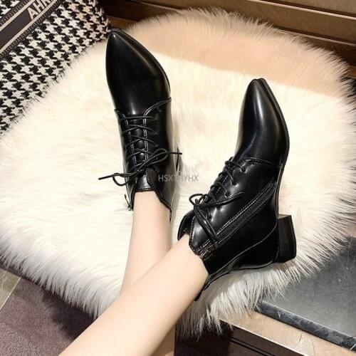 2021 Pointed Ankle Boots Autumn Winter Fashion Thick Heel Platform Shoes Lace Up British Style Pointed Toe Chelsea Boots Women