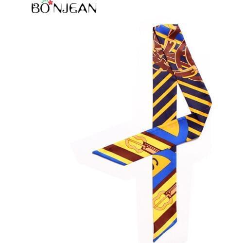 BONJEAN European And American Stripes Bag Handle Scarf Emulation Silk Women Scarves Hat Accessories Wrap Striped Lengthen Scarf