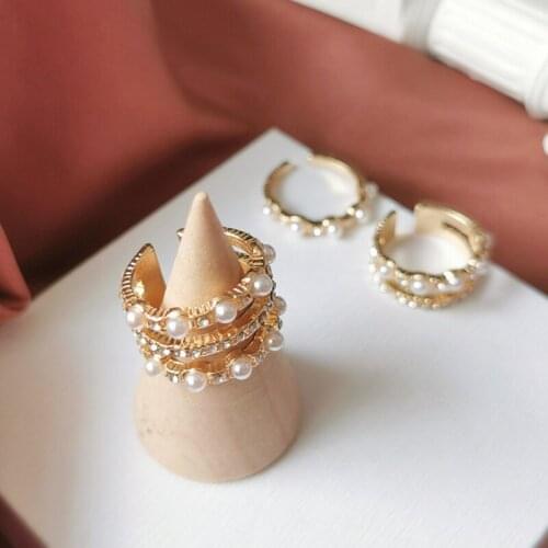 Korea 2021 New Simple Irregular Wide Version Multi-layer Hollow Metal Pearl Open Ring For Women Girls Party Jewelry Gifts