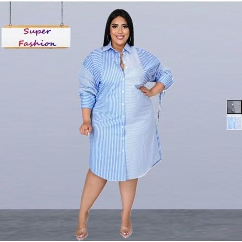 XL-5XL 2021 Plus size women clothing fashion Splicing stripe printing long sleeve casual shirt dress Wholesale Dropshipping