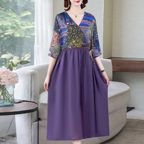 Vintage Chinese Dress Plus Size Summer Clothes Floral Print Maxi Vestidos Female Robe Vintage Femme High Wasit Sundress 11316