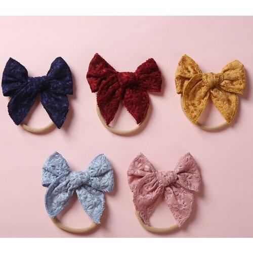 10pcs/lot Kids Girls Hair Accessories Newborn Baby Embroidery Bows Nylon Hairbands Super Soft Traceless Hairbands