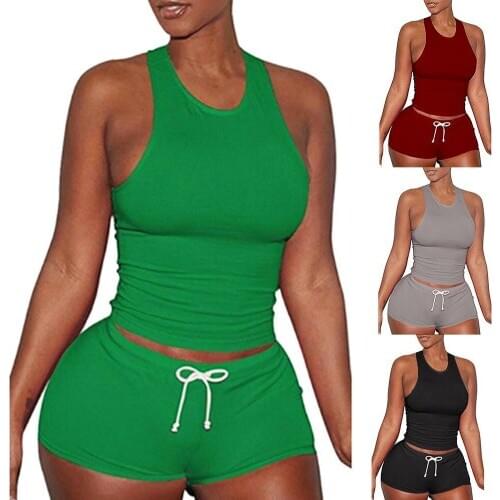 2pcs Sexy Short Two Piece Set Women Outfits Raceback Sleeveless Vest Top Drawstring Shorts Cotton 2 Piece Set Women Tracksuits