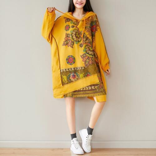 2020 Autumn Women Long Hoodies Sweatshirt Dress Ladies Print Loose Winter Retro Oversized Pullover Plus Size Basic Coats
