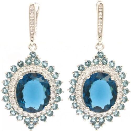 47x22mm Deluxe Big Created Dark London Topaz Pink Morganite White CZ For Womans Engagement Silver Earrings Drop Shipping