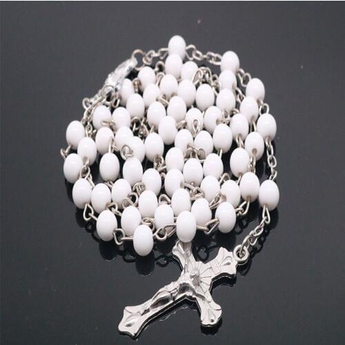 6mm white plastic rosary necklace beads long chain DIY necklace female virgin mary jesus christ cross pendant fashion jewelry