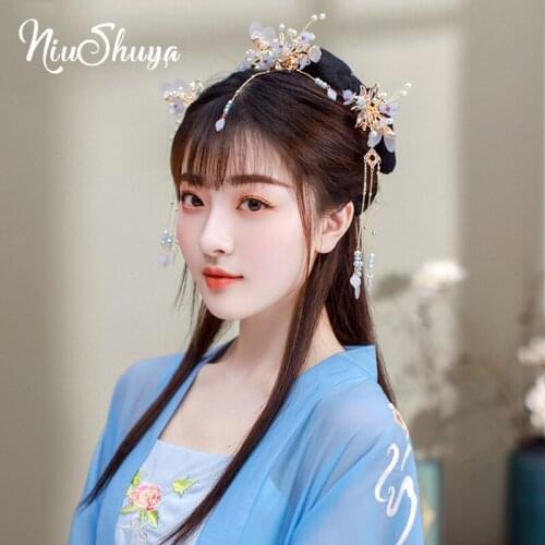 NiuShuya Hanfu Hair Accessories Headdress Fresh Flower Hairpin Pearl Hair Headdress Cosplay Costume Hair Accessories
