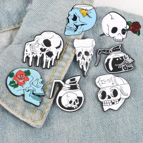 Skull Pins Rose Flowers warrior Skull enamel pins badges Coffee Flower Pizza Skeleton Brooches Lapel pins Punk Jewelry gifts