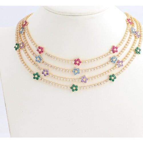 1 Row Shiny CZ Tennis Chain Necklace HipHop Iced Out Bling Rainbow Flower LCubic Zircon Choker Jewelry 18k Gold Plated For Women